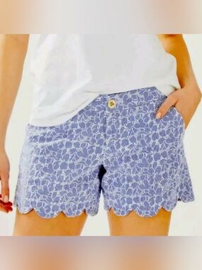 Lilly Pulitzer Buttercup Shorts Scallop-Hem Blue Floral Eyelet Bermuda Shorts 16